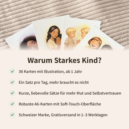 Warum Starkes Kind: 36 Karten ab 1 Jahr, ein Satz pro Tag, kurze liebevolle Sätze für mehr Mut und Selbstvertrauen, robuste A6-Karten, Schweizer Marke mit Gratisversand in 1–3 Werktagen