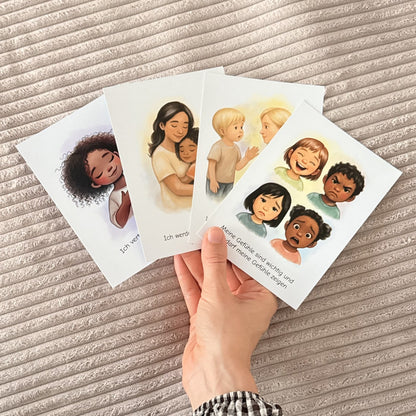 Vier aufgefächerte Affirmationskarten in der Hand