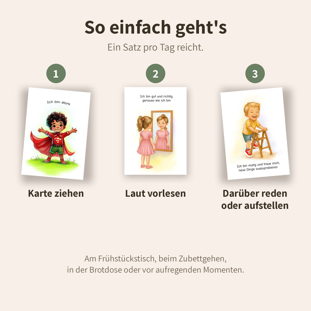 So geht's: Karte ziehen, laut vorlesen, darüber reden oder aufstellen